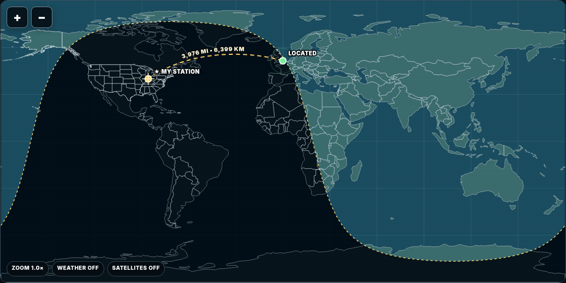 QSO Deck Radio Map preview showing the real map style, station route, and day-night boundary